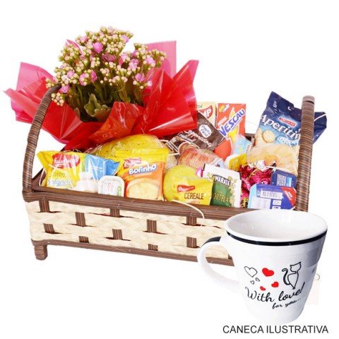 Bandeja de Café com Frutas 45 itens + Flor + Caneca